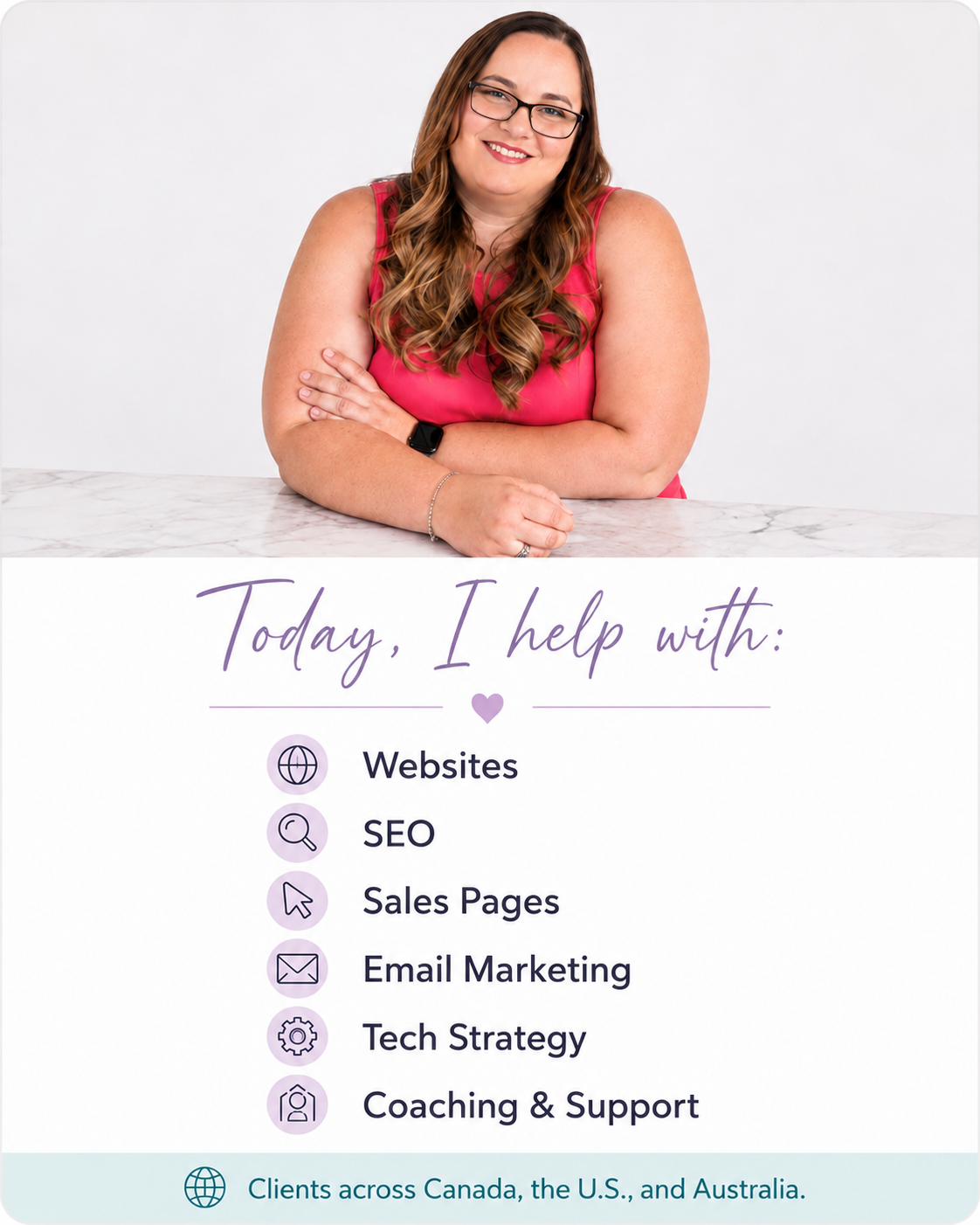 Margaret Slater with a list of services including websites, SEO, sales pages, email marketing, tech strategy, and coaching and support for clients in Canada, the U.S., and Australia.