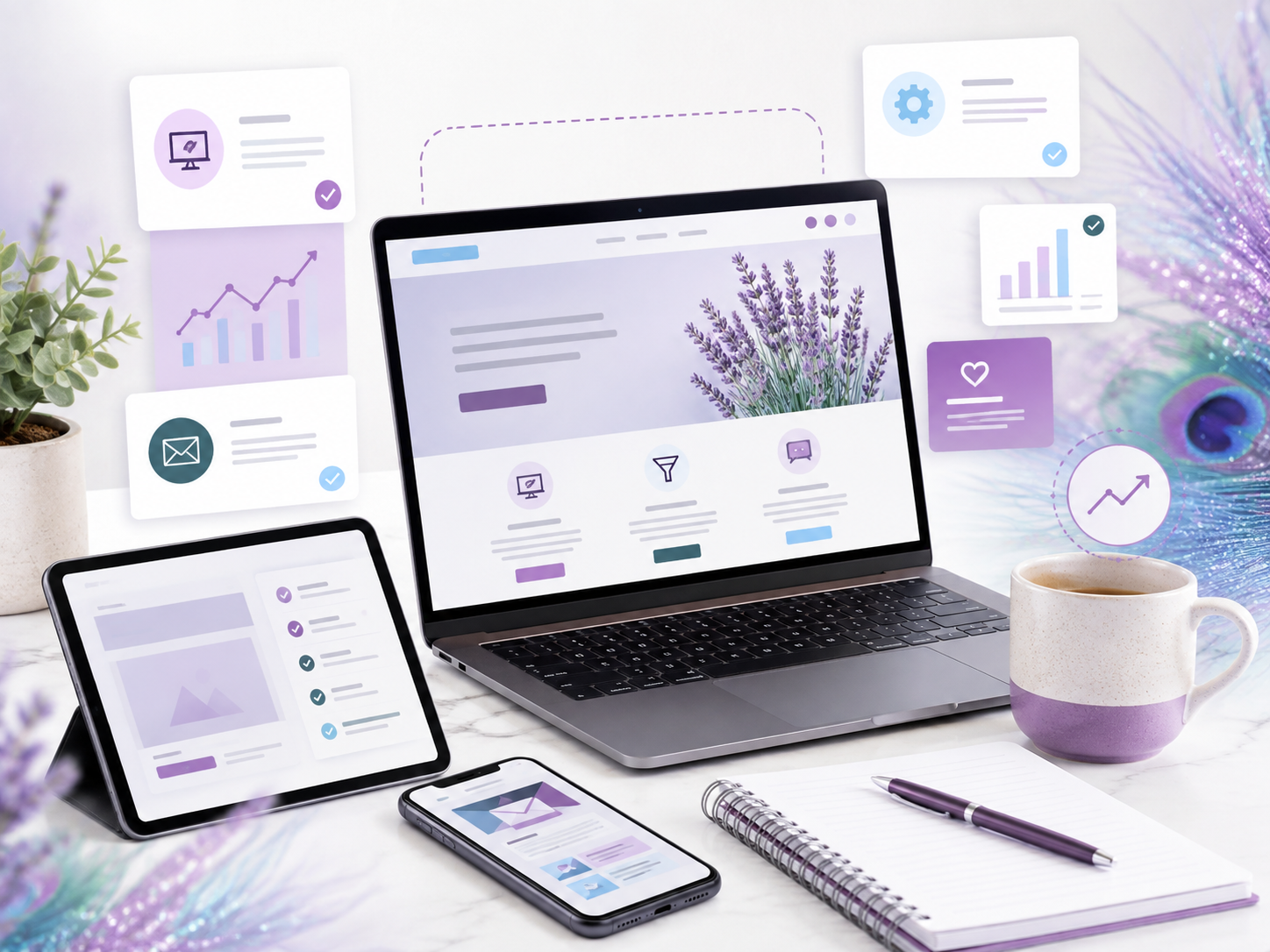 Laptop, tablet and phone displaying website, SEO and email marketing tools in MargaretSlater.co brand colours.