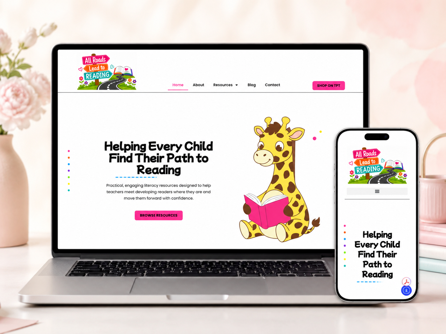 Laptop and mobile mockup of the All Roads Lead to Reading website showing a responsive custom homepage design with navigation, branding, and a featured reading resources section.