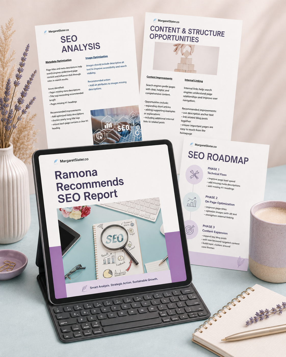 Tablet and printed SEO report pages for Ramona Recommends showing SEO analysis, content and structure opportunities, and a phased SEO roadmap.